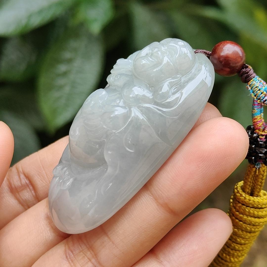 High Quality Light Green Hue Natural Type A Jadeite Jade crafted as Milo Buddha for Pendant, certificate weighs 44.34 grams, measurement 52.6 * 29.6 * 17.5 mm (pendant289)