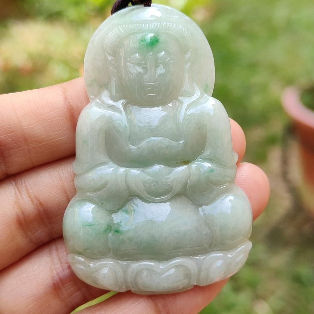 Light green with green patches Natural Type A Jadeite Jade crafted with Guanyin as Pendant with certificate weigh 17.28 grams, measurement 56.3 * 37.3 * 5.9 mm (pendant201)