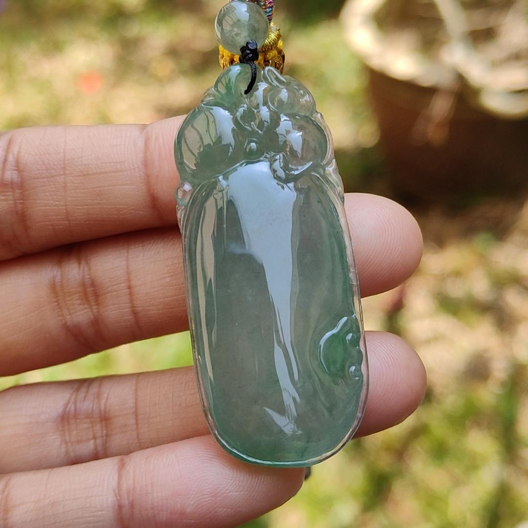 Premium Quality Icy Translucent Green with Green Patches Natural Type A Jadeite Jade crafted with Squirrel and Ruyi as Pendant, certificate weigh 17.83 grams, measurement 49.3 * 21 * 9.3 mm (pendant225)