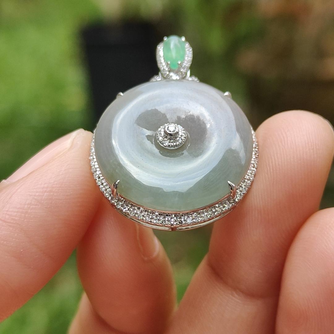 Limited time offer - Lavender, Green Hue Natural Type A Jadeite Jade crafted as shape of Donut set on 18k gold with diamonds and 1 icy apple green cabochon, certificate weigh 4.47 grams, measurement 19.9 * 19.9 * 3.6 mm (18kp26)