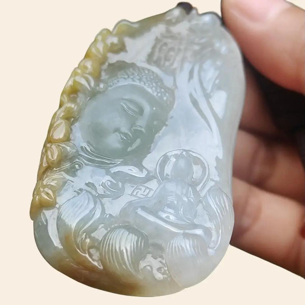 High Quality Yellow with Light Green Natural Type A Jadeite Jade crafted with Buddha and Monk as Pendant, certificate weigh 54.87 grams, measurement 71.6 * 35.6 * 9.5 mm (pendant262)