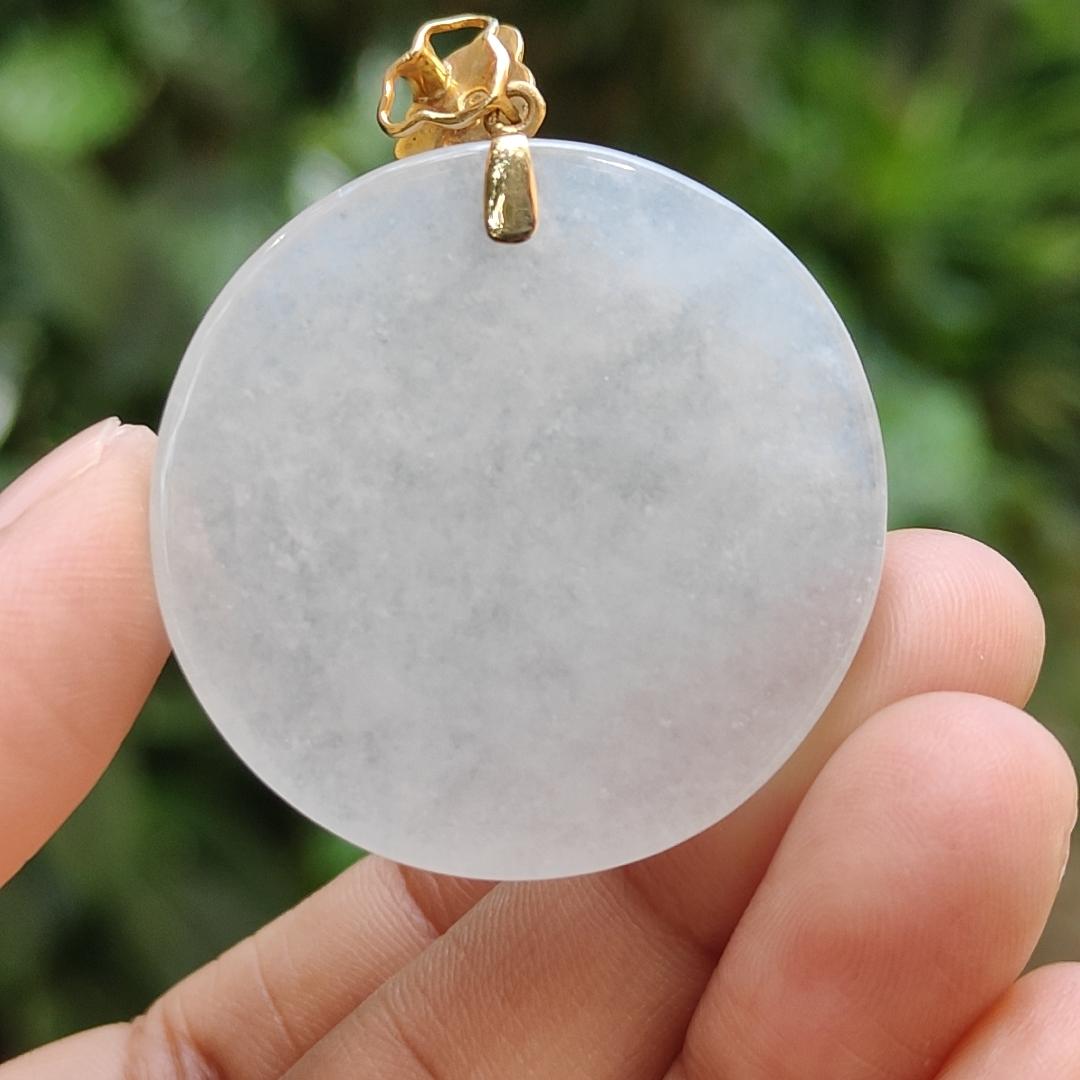 Mid-Year Special - Semi Icy Translucent Natural Type A Jadeite Jade crafted with round shape as Pendant with 18k Gold Clasp, certificate weigh 18.24 grams, measurement 35.2 * 5.5 mm (18kp32)