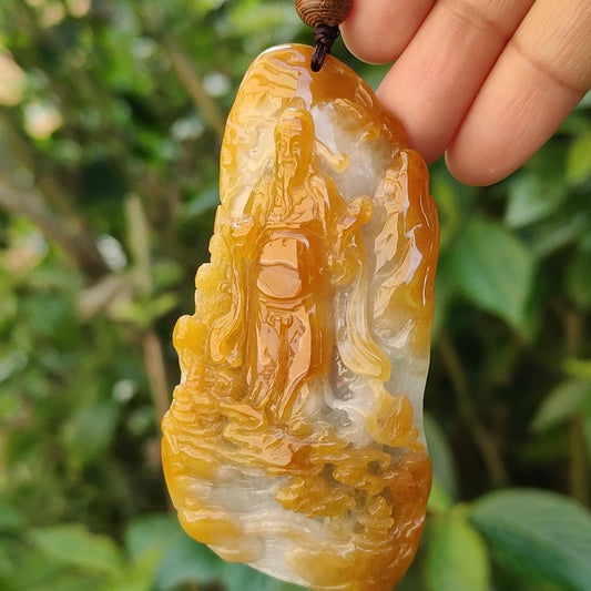 Premium Quality Yellow Natural Type A Jadeite pendant with fortune god, mountain and trees, symbolize the blessing of good fortune, eternal strength, and continuous growth, certificate weigh 77.61 g, 76.10 * 39 * 19.30 mm, symbol of prosperity (pendant81)