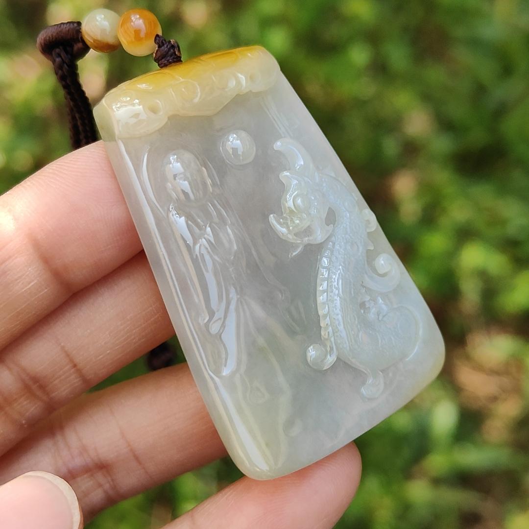 Rare Yellow and white Glutinous Natural Type A Jadeite Pendant Necklace crafted with faceless buddha and dragon olc school style with certificate weigh 37.61 grams, 51 * 33.2 * 10 mm (pendant101)