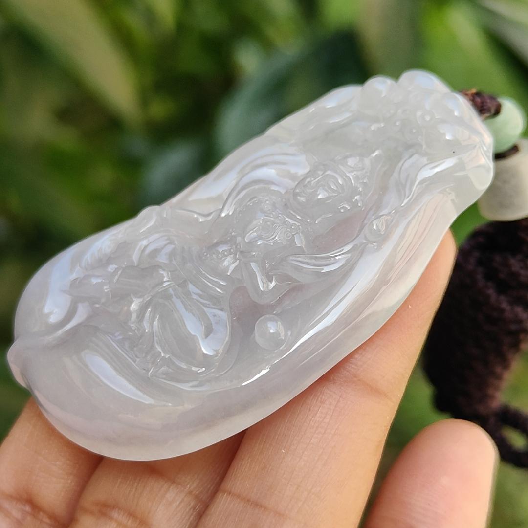 Semi Icy Rare Old School Natural Type A Jadeite Jade Pendant Necklace crafted as Manjushri Bodhisattva without Mount with certificate weigh 25.28 grams, 58 * 33.2 * 7.3 mm (pendant167)