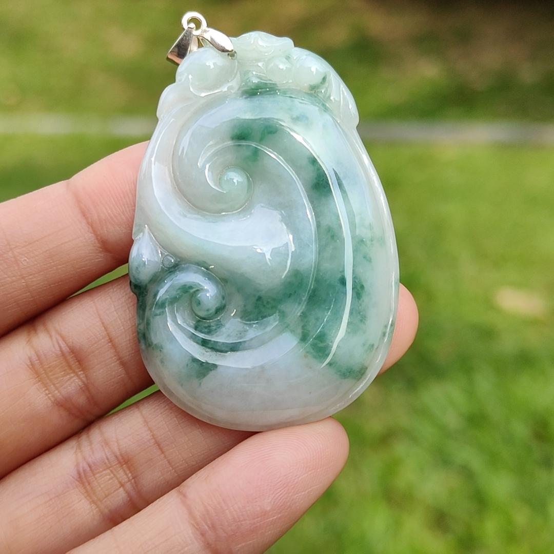 Special Offer, Green with Light Green Floating Flower (Piaohua) Natural Type A Jadeite Pendant Necklace crafted with Bat on Ruyi with certificate weigh 17.71 grams, 51.6 * 34.5 * 6 mm sysmbols of Happiness, auspiciousness (pendant103)