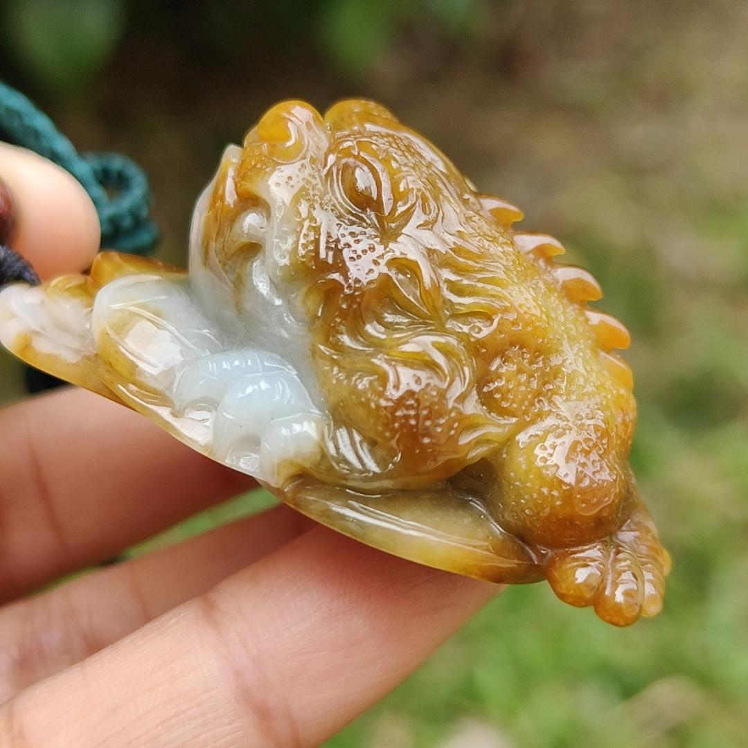 Redish Yellow Very Rare Natural Type A Jadeite Jade crafted with the Three Legs Toad as Pendant, certificate weighs 49.67 grams, measurement 51 * 32.8 * 24.3 mm (pendant258)