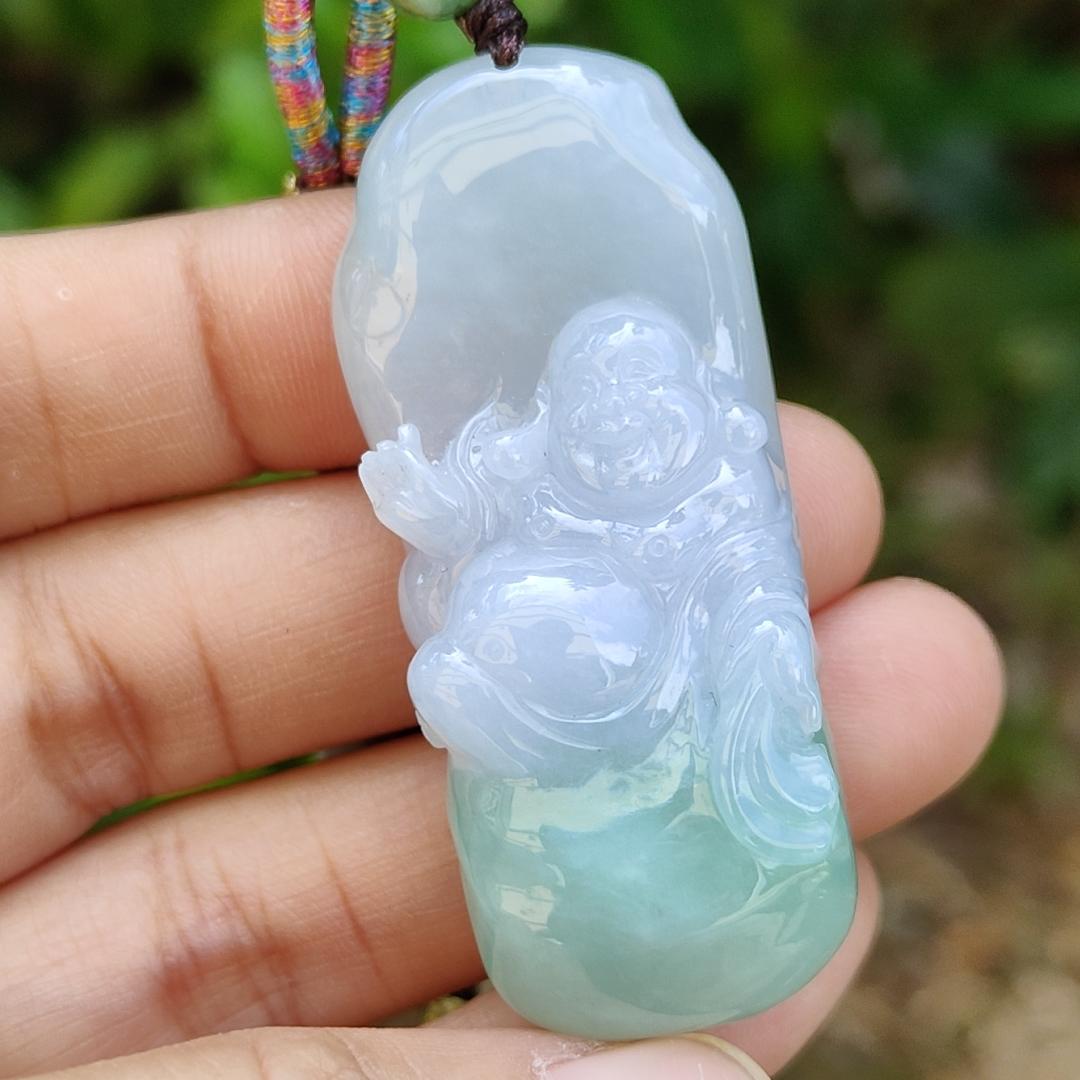 Lavender and Green Natural Type A Jadeite Pendant crafted with Milo Buddha represent Compassionate, tolerant, optimistic and open-minded with certificate weight 29.40 grams, 50.80 * 20.80 * 13.60 mm suitable for daily wear (pendant108)