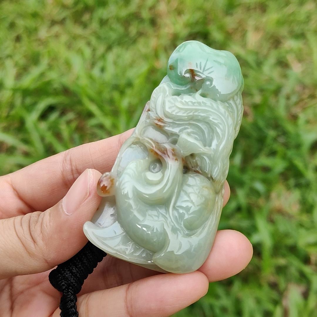 Green with Red Patches Natural Type A Jadeite Pendant Necklae Crafted with Old School Phoenix and ruyi with certificate weigh 50.24 grams, 67.7 * 35 * 11.8 mm, symbols of Good luck and a good life noble authority (pendant23)