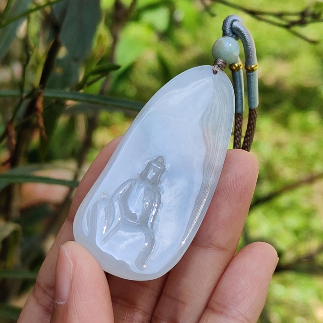 Crafted as the faceless buddha Semi Icy Natural Type A Jadeite Pendant Necklace with certificate weigh 14.03 grams, 58 * 26 * 4.9 mm, suitable for daily wear