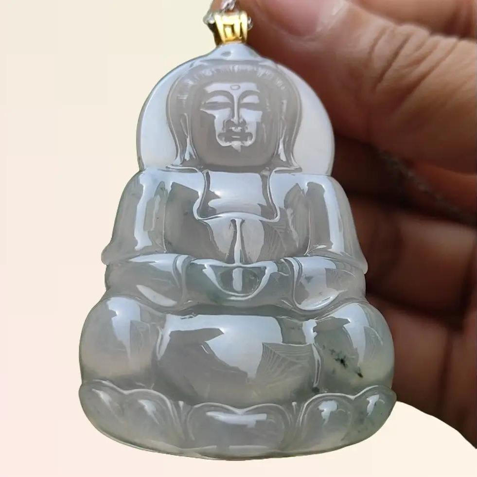 Premium High Quality Natural Type A Jadeite Jade crafted as seating Guanyin set with 18k gold clasp as Pendant, Certificate weighs 21.43 grams, measurement 59.1 * 35.6 * 6.1 mm (18kp54)