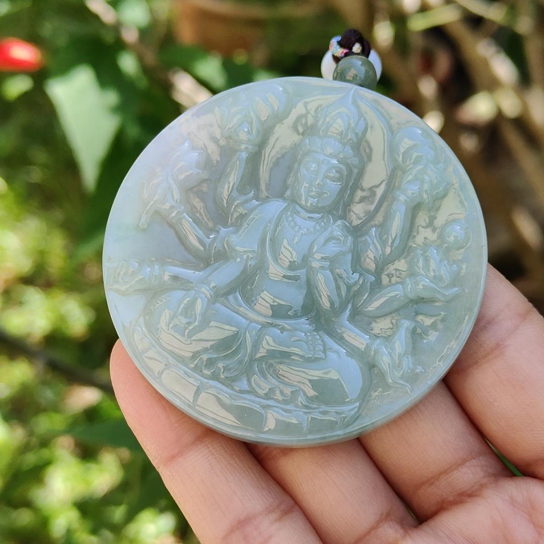 Light Green Natural Type A Jadeite Pendant Necklace crafted as Thousand Hands Guanyin with certificate weigh 48.82 grams, 57.6 * 57.6 * 7.2 mmsymbols of Eliminate obstacles and resolve all disasters, peace and auspiciousness for daily wear (pendant43)