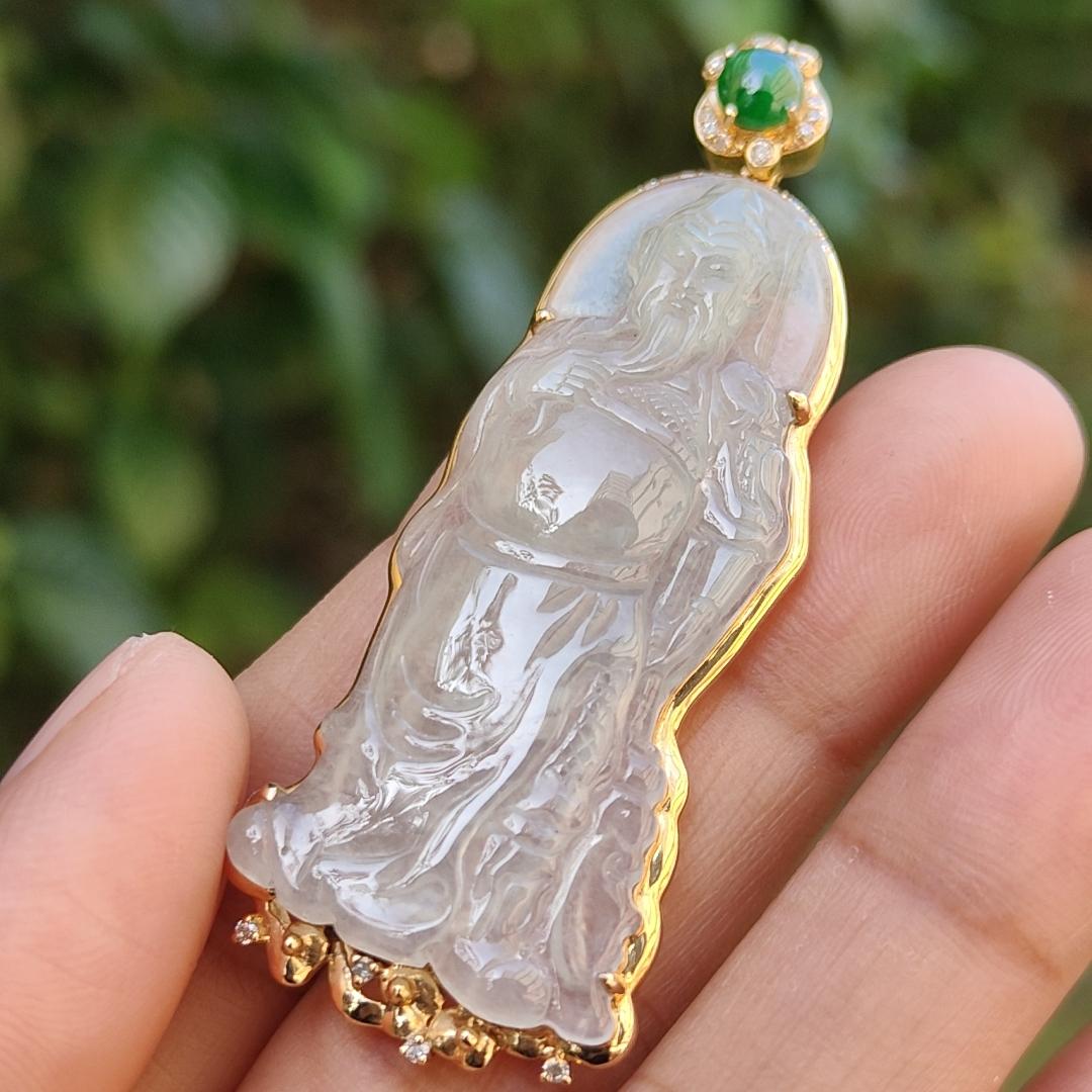 High Quality Light Green and Green Cabochon Icy Translucent Natural Type A Jadeite Jade crafted as Guan Gong set on 18k Gold as Pendant, certificate weighs 8.07 grams, measurement 57.2 * 22.7 * 5.8 mm (18kp46)