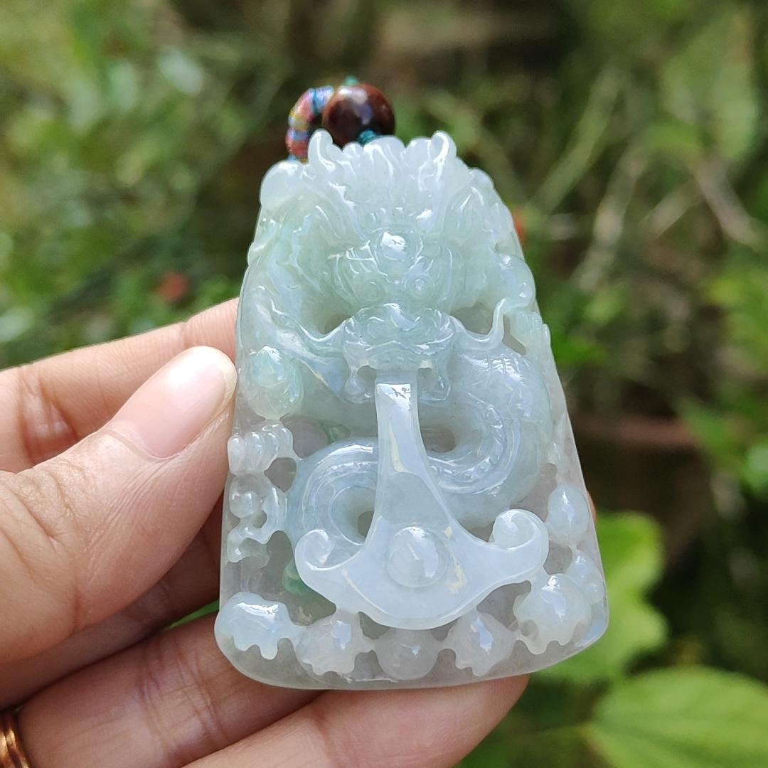 Light Green and White Natural Type A Jadeite Pendant Necklace crafted as Domineering dragon water absorbing pendant, symbols of Rise to prominence, certificate included weigh 43.48 grams, 56.5 * 36.8 * 13.4 mm, suitable for daily wear (pendant37)