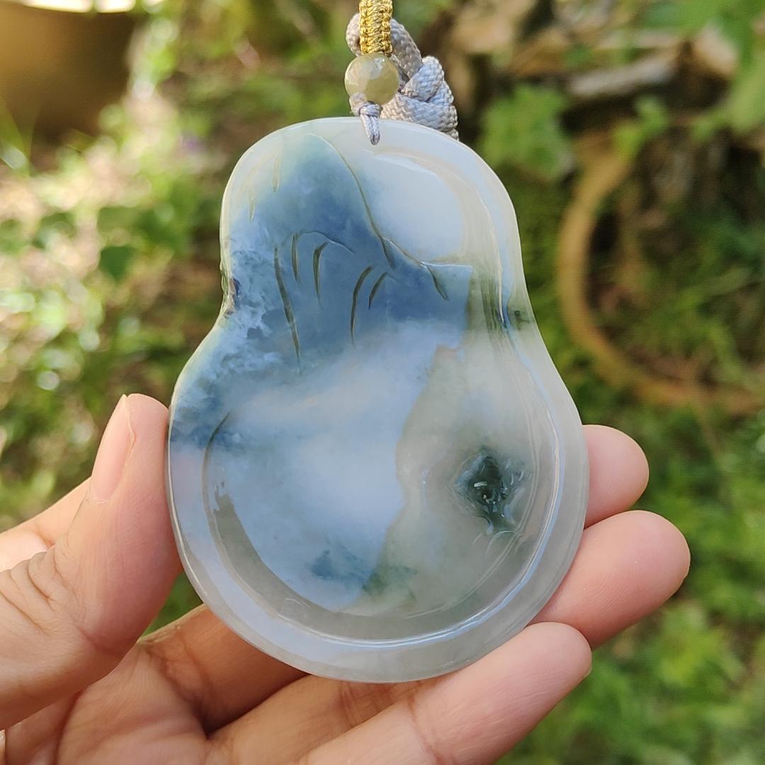 Premium Rare Semi Icy Natural Type A Jadeite crafted with Scenery and Laughing Buddha, certificate included weigh 51.59 grams, 71.8 * 53.1 * 7.5 mm, collector item, (pendant51),