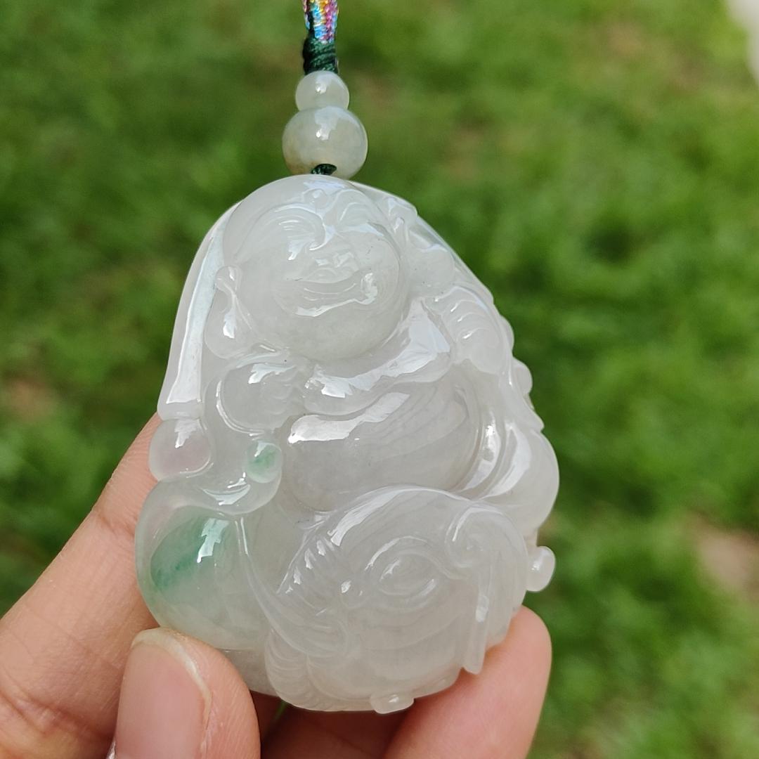 Crafted with Budai Laughing Buddha, Elephant and Ruyi Premium Semi Icy Natural Type A Jadeite with green patches Pendant Necklace with certificate weigh 45.38 grams, 50.5 * 44 * 12.3 mm (pendant160)