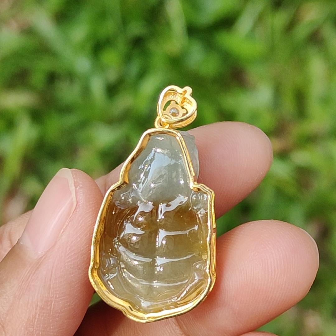 Yellow Natural Type A Jadeite Jade Pendant crafted as Dragon Turtle set on 18k gold with diamond, certificate weigh 6.69 grams, measurement 33.8 * 17.7 * 11.6 mm (18kp16)