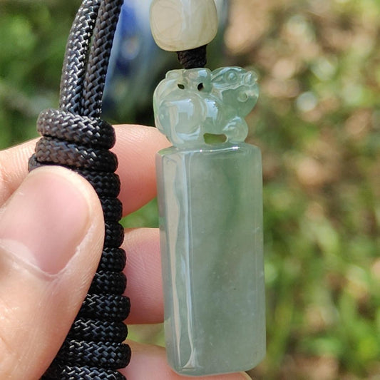 An Excellent Piece of Green Natural Type A Jadeite Pendant Necklace or Stamp crafted with Pixiu boosting Incoming Money and power with certificate weigh 13.16 grams, 41.2 * 13.6 * 8.7 mm , (pendant137)