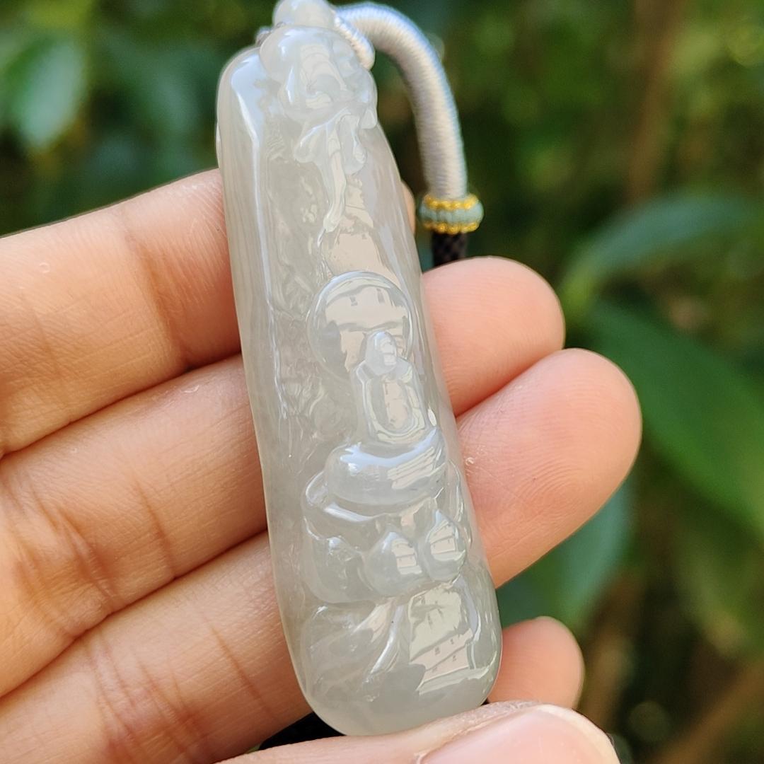 Semi Translucent Icy Natural Type A Jadeite Pendant carved with faceless buddha and lotus meaning Compassion and Wisdom , QIC labs approved certificate included weight 16.56 grams, 55.50 * 16.10 * 8.80 mm, very suitable for daily wear (pendant95)