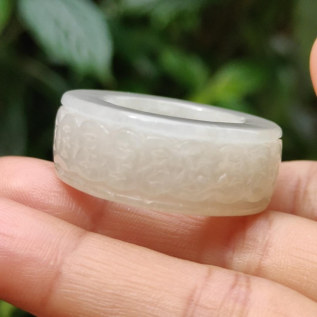 Quality White Natural Type A Jadeite Jade crafted with many coins as Ring with Finger size 21 mm, QIC approved labs certificate weigh 22.07 grams, measurement 12.5 * 6.7 mm (ring6)