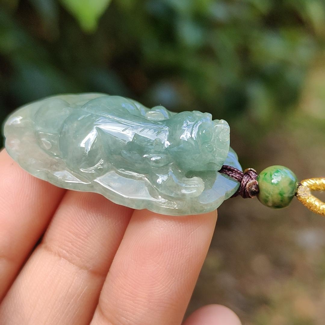 Green Natural Type A Jadeite Jade crafted with Pixiu as Pendant, certificate weighs 12.84 grams, measurement 40 * 23.8 * 10 mm (pendant251)