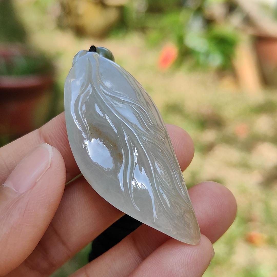 Icy Translucent with Yellow Patches Natural Type A Jadeite Jade crafted with leaf and Cicada as a Pendant, certificate weigh 13.68 grams, measurement 52 * 21.7 * 11.8 mm (pendant224)