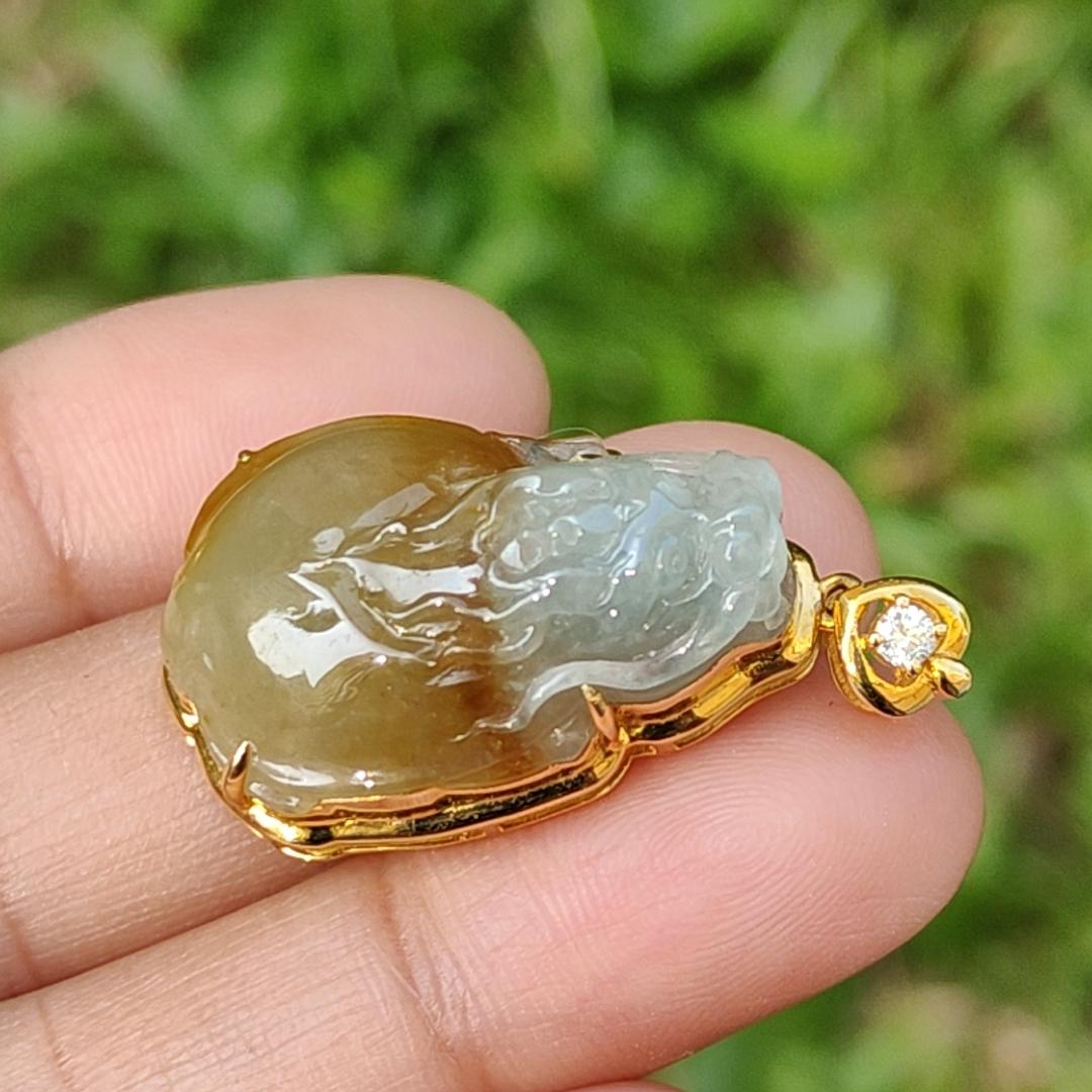 Yellow Natural Type A Jadeite Jade Pendant crafted as Dragon Turtle set on 18k gold with diamond, certificate weigh 6.69 grams, measurement 33.8 * 17.7 * 11.6 mm (18kp16)