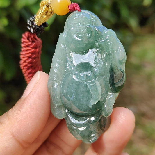 Green Natural Type A Jadeite Jade crafted with Milo Buddha as Pendant, certificate weigh 24.11 grams, measurement 51.2 * 31 * 10.5 mm (pendant239)