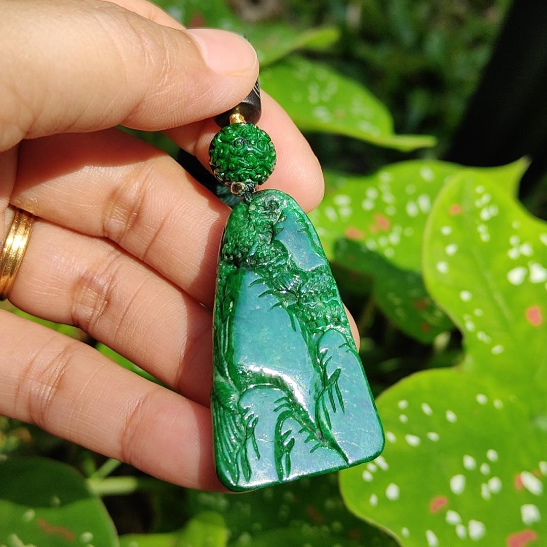 Dark Green Natural Type A Jadeite carved with scenery pendant with NGI Gemstone report weight 19.21 grams , 43.10 * 25.36 * 7.50 mm , Semi Translucent to opaque fine grain crystal aggregate - Good for daily wear pendant (pendant152)