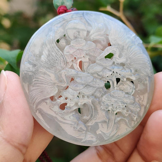 Highly Translucent Icy Natural Type A Jadeite Pendant Carved with Cranes, Pine Trees and Bamboo meaning Endurance, Perseverance and Never fading with Longevity, certificate included weighs 28.38 grams, 52.5 * 52.5 * 6.1 mm, for collection (pendant90)