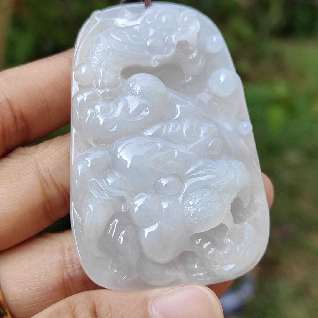 Rare Old Collection White Natural Type A Jadeite Jade crafted with Dragon and Tiger as Pendant, Certificate weigh 44.48 grams, Measurement 60.5 * 40.2 * 9.5 mm (pendant218)