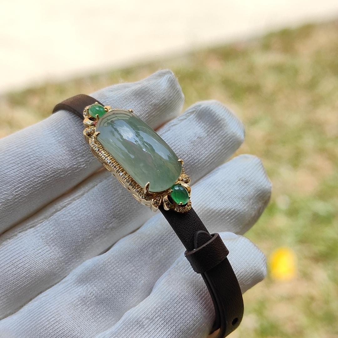 High Premium Quality Natural Type A Jadeite Jade with 3 cabochons set on 18k gold with diamonds as wrist bracelet or pendant, certificate weigh 4.39 grams (18kpw4)