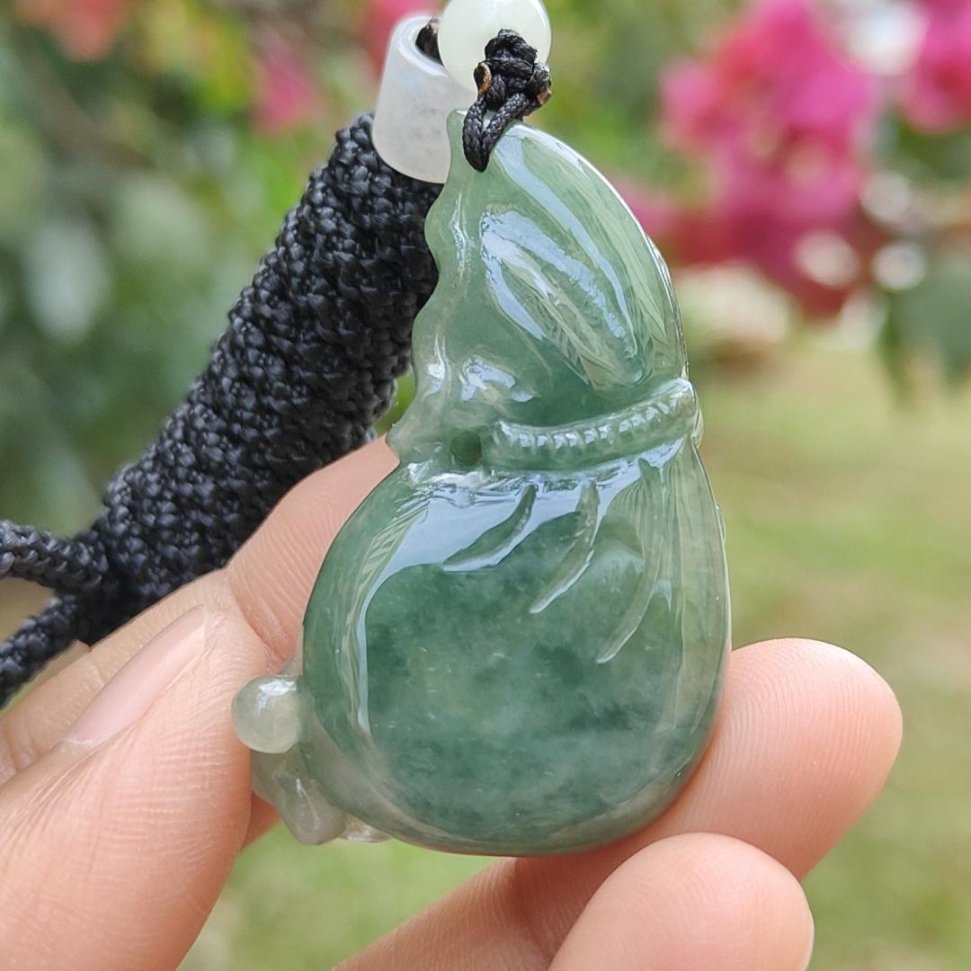 Dark Green Natural Type A Jadeite Jade crafted with Three legs toad on Money Pouch as Pendant with certificate weigh 26.67 grams, measurement 42 * 18.5 * 14 mm (pendant230)