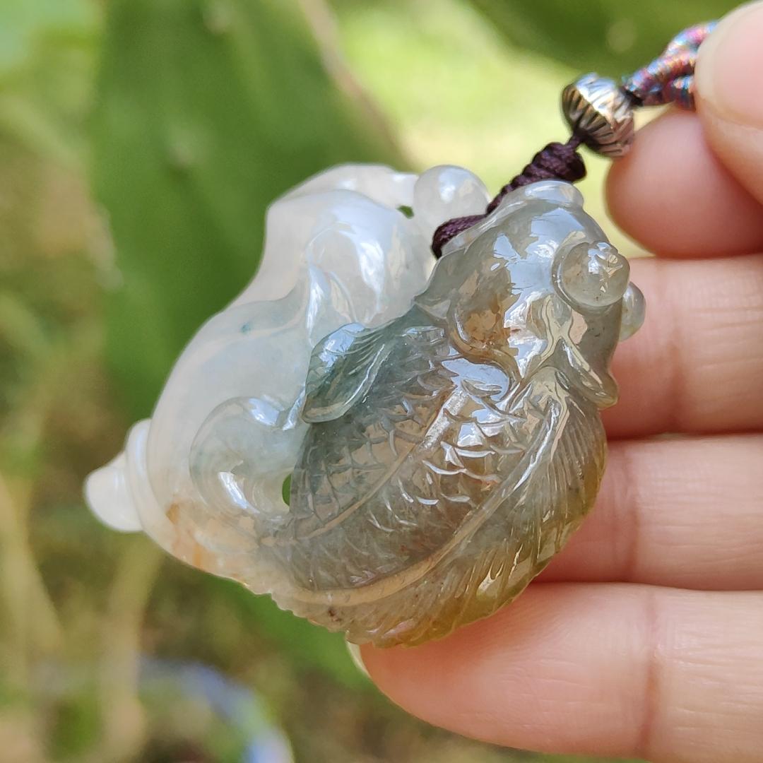 Round Sculpture Natural Type A Jadeite Pendant Necklace crafted as goldfish with light green and brown, symbols of Rich and auspicious, certificate included weigh 27.45 grams, 37.3 * 41.7 * 11.3 mm, very unique and rare for your collections (pendant33)