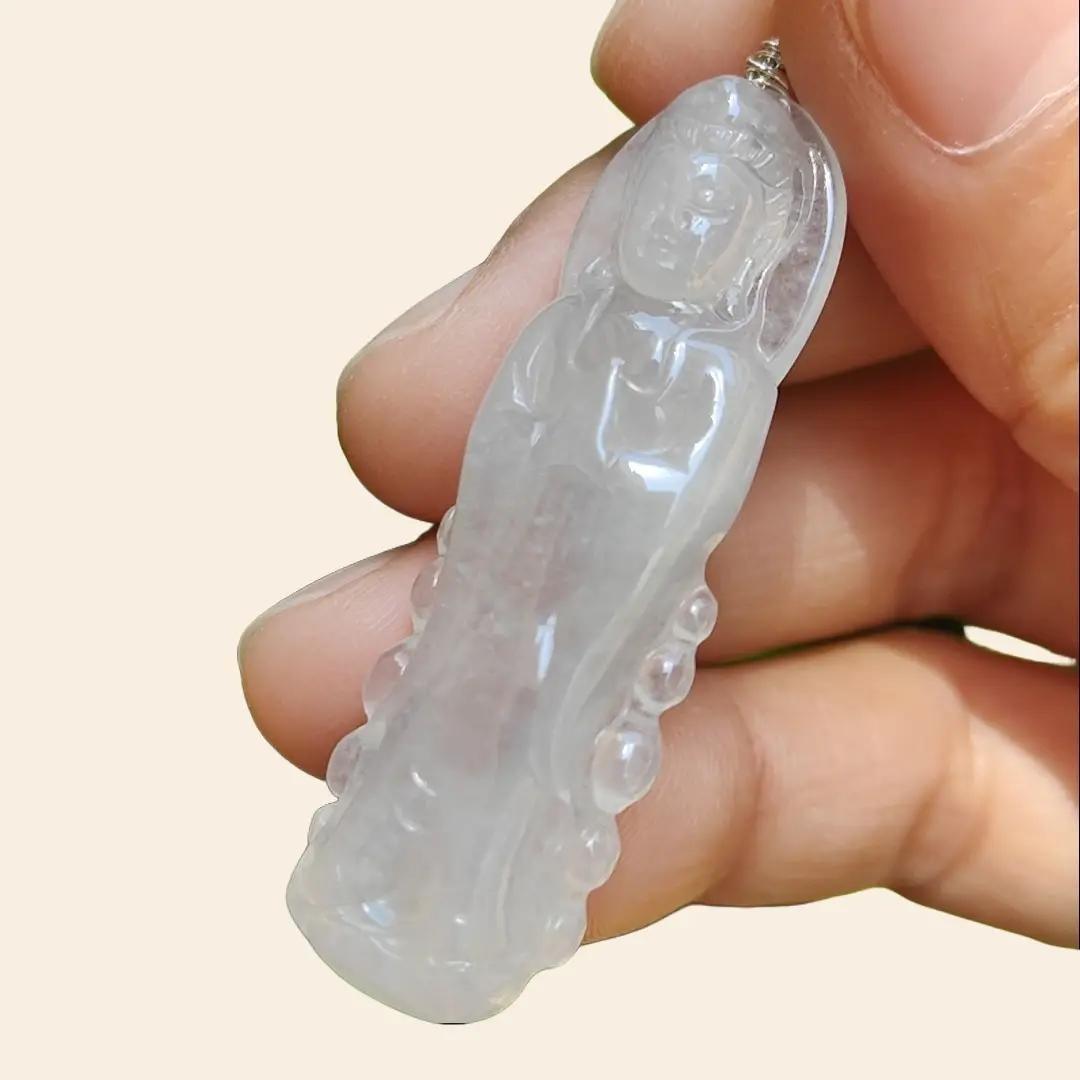 High Quality Icy Translucent Natural Type A Jadeite Jade crafted as Standing Guanyin, S925 clasp added as Pendant, certificate weighs 7.79 grams, measurement 45.7 * 14.8 * 6.3 mm (pendant269)