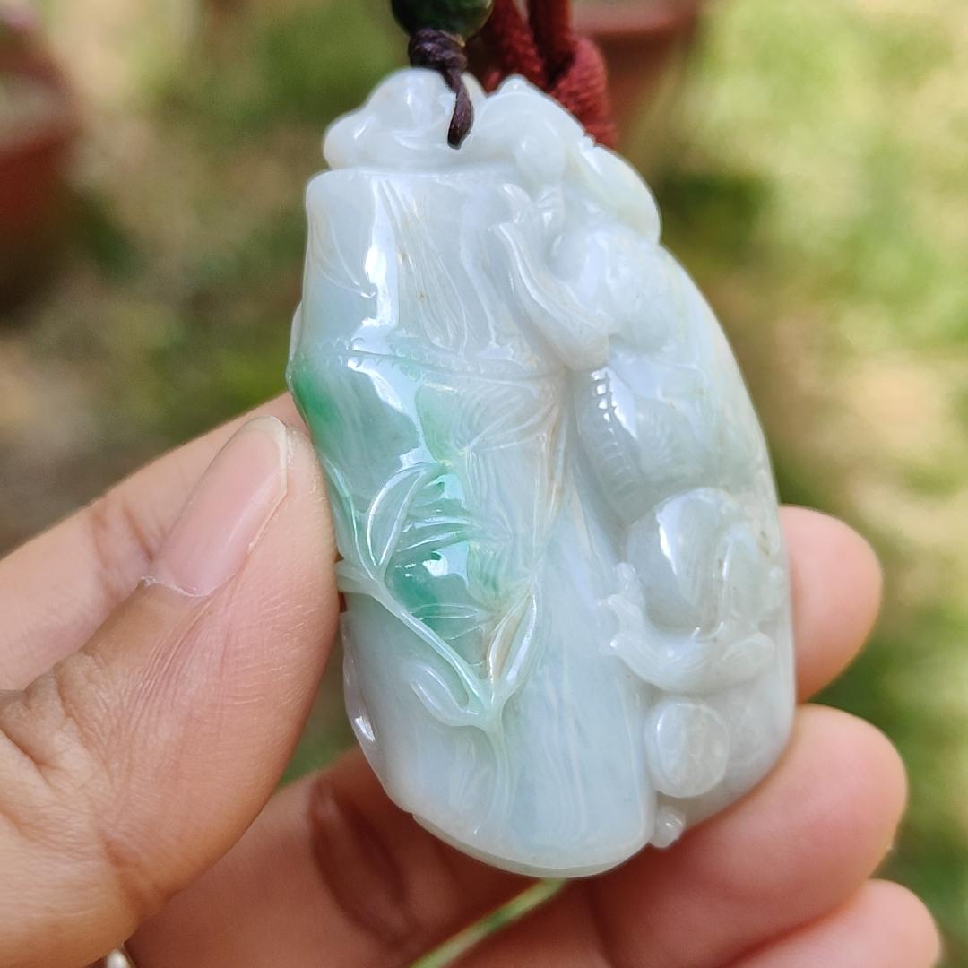 Green with yellow patches Natural Type A Jadeite Jade crafted as Bamboo with Pixiu as Pendant, certificate weigh 35.85 grams, measurement 52.3 * 31 * 12.2 mm (pendant223)