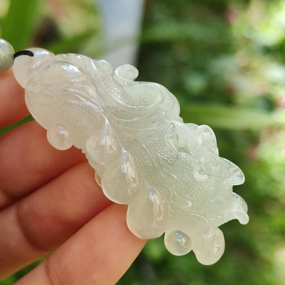 High-Quality Icy Translucent with Light Green Natural Type A Jadeite Jade crafted as Cabbage, Pendant certificate weighs 24.55 grams, measurement 56.3 * 24.6 * 12.6 (pendant272)