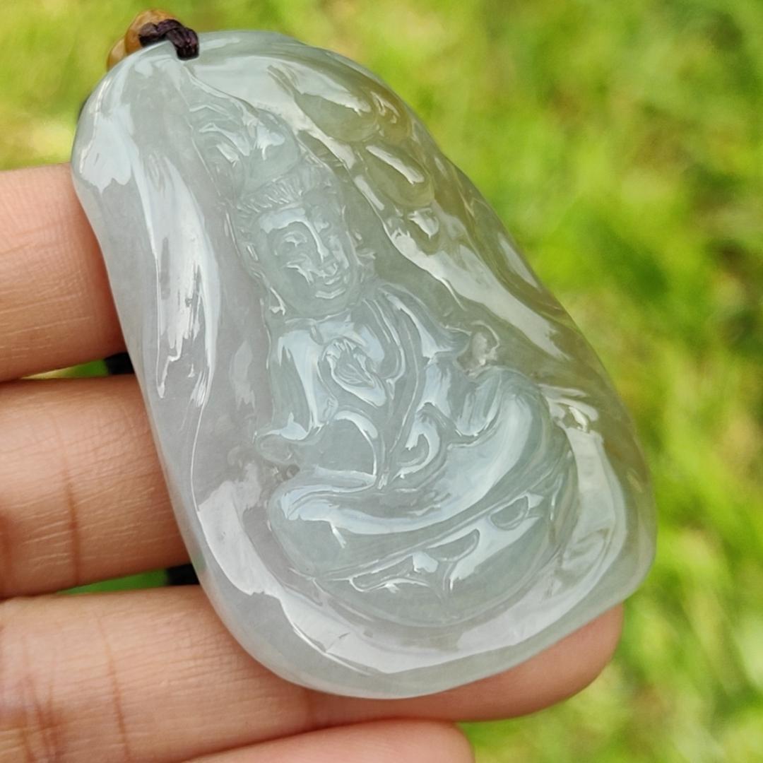 Light Green and Yellow Natural Type A Jadeite Jade Pendant Necklace crafted with Guanyin, certificate included weigh 34.84 grams, Measurement 52 * 35.9 * 11.1 mm (pendant176)