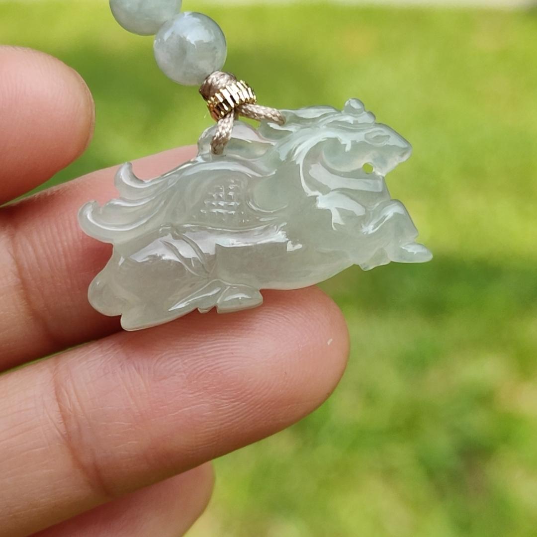 Icy with light green base Natural Type A Jadeite Pendant Necklace crafted as Flying Horse symbols of Good luck is coming soon, Longma spirit with GIC approved certificate weigh 4.55 grams, 15.6 * 28 * 6.3 mm (pendant65)