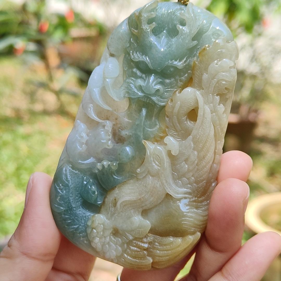 Light Green and Yellow Natural Type A Jadeite Jade Crafted with Dragon and Pheonix as Pendant, Certificate weigh 96.95 grams, measurement 90.2 * 55.7 * 11.5 mm (pendant222)