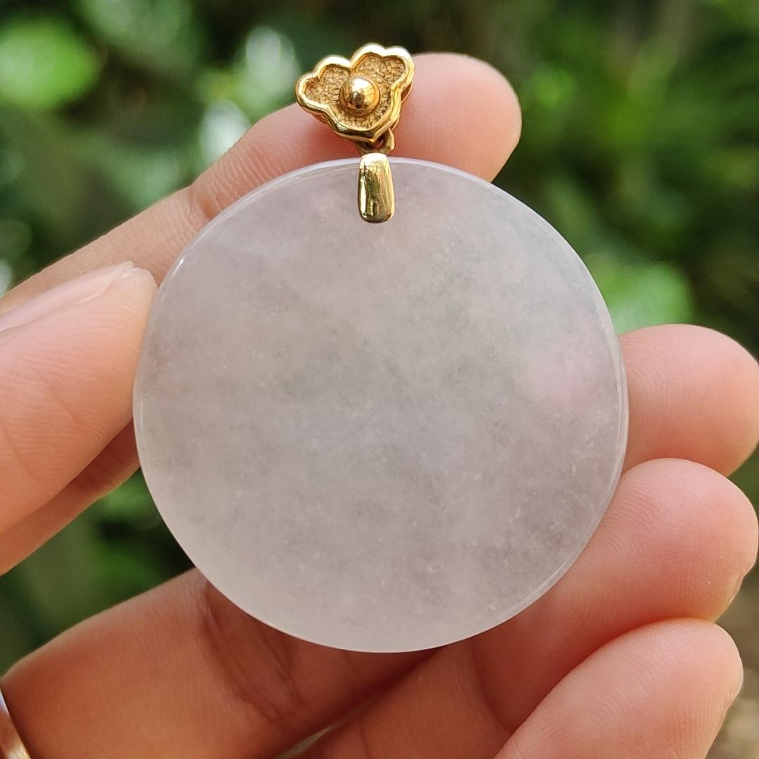 Mid-Year Special - Semi Icy Translucent Natural Type A Jadeite Jade crafted with round shape as Pendant with 18k Gold Clasp, certificate weigh 18.24 grams, measurement 35.2 * 5.5 mm (18kp32)