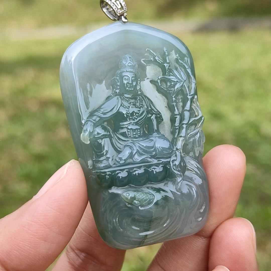 Premium Quality Semi Icy Light Green Natural Type A Jadeite Jade crafted with Guanyin as pendant, certificate included weigh 45.05 grams, measurement 56 * 35.6 * 11.8 mm (18kp24)