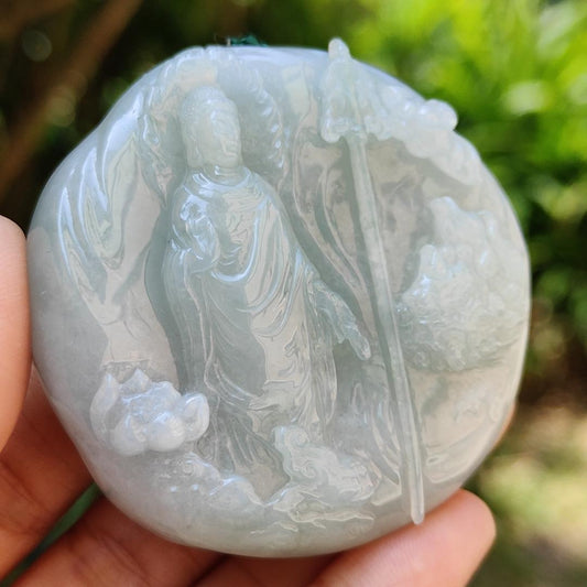 High Quality Light Green Hue Natural Type A Jadeite Jade crafted with Ksitigarbha Bodhisattva as Pendant, certificate weighs 70.75 grams, measurement 54.6 * 54.6 * 12.6 mm (pendant232)