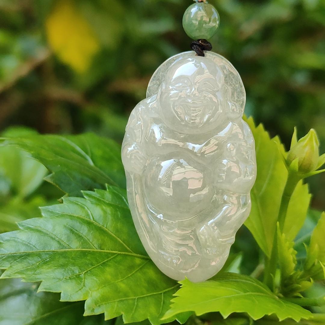 Semi Icy Milo Buddha Natural Type A Jadeite Pendant with certificate weighs 13.87 grams, 44.2 * 26.5 * 8.1 mm, milo represent The strength that can tolerate the things of the world represents the mind that can solve a thousand sorrows (pendant85)