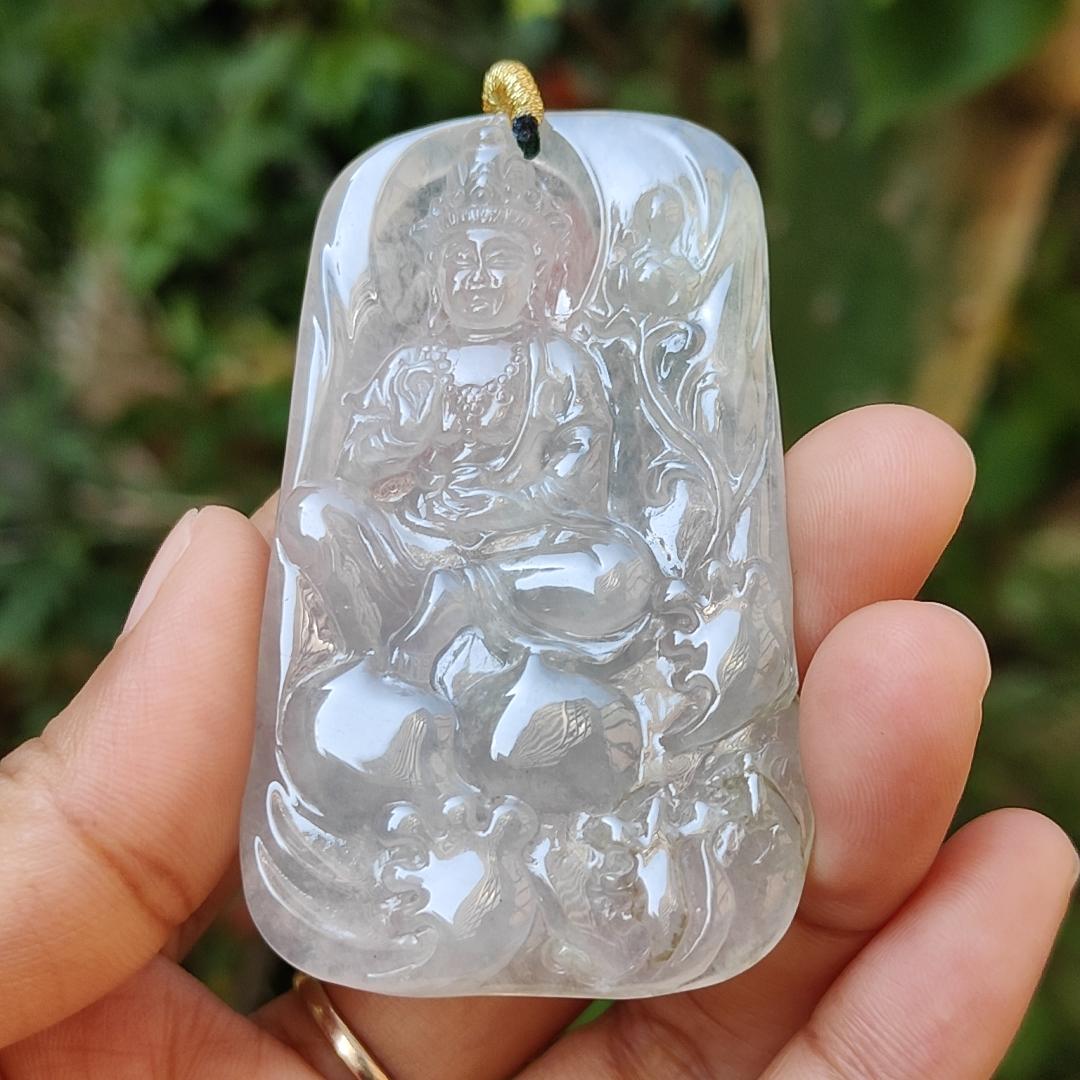 High Quality Icy Translucent Natural Type A Jadeite Jade crafted as Bodhisattva Pendant, certificate weighs 29.9 grams, measurement 64.5 * 40.3 * 5.5 mm (pendant286)