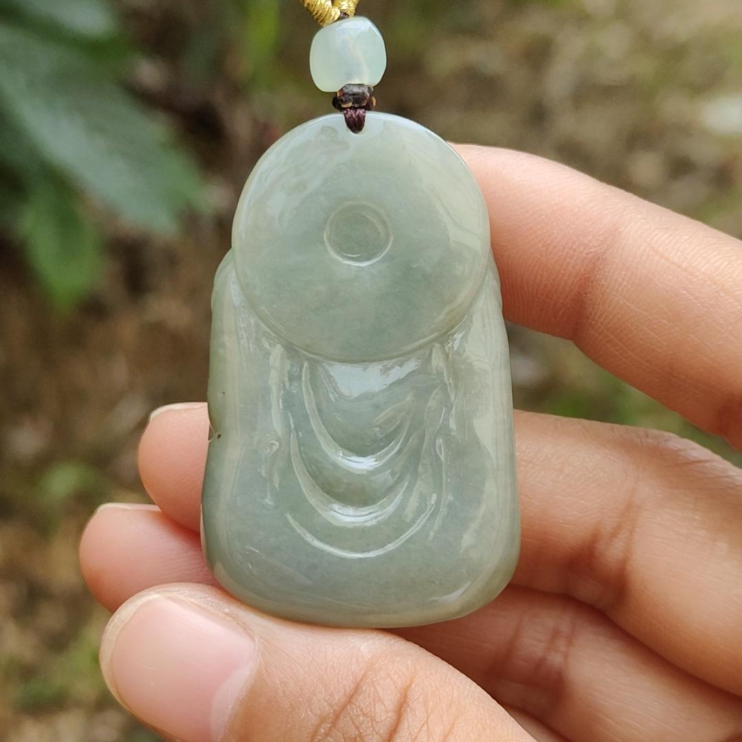 Light Green Natural Type A Jadeite Jade crafted with Milo Buddha as Pendant, certificate weighs 27.52grams, measurement 44.3 * 27.9 * 11.6 mm (pendant248)