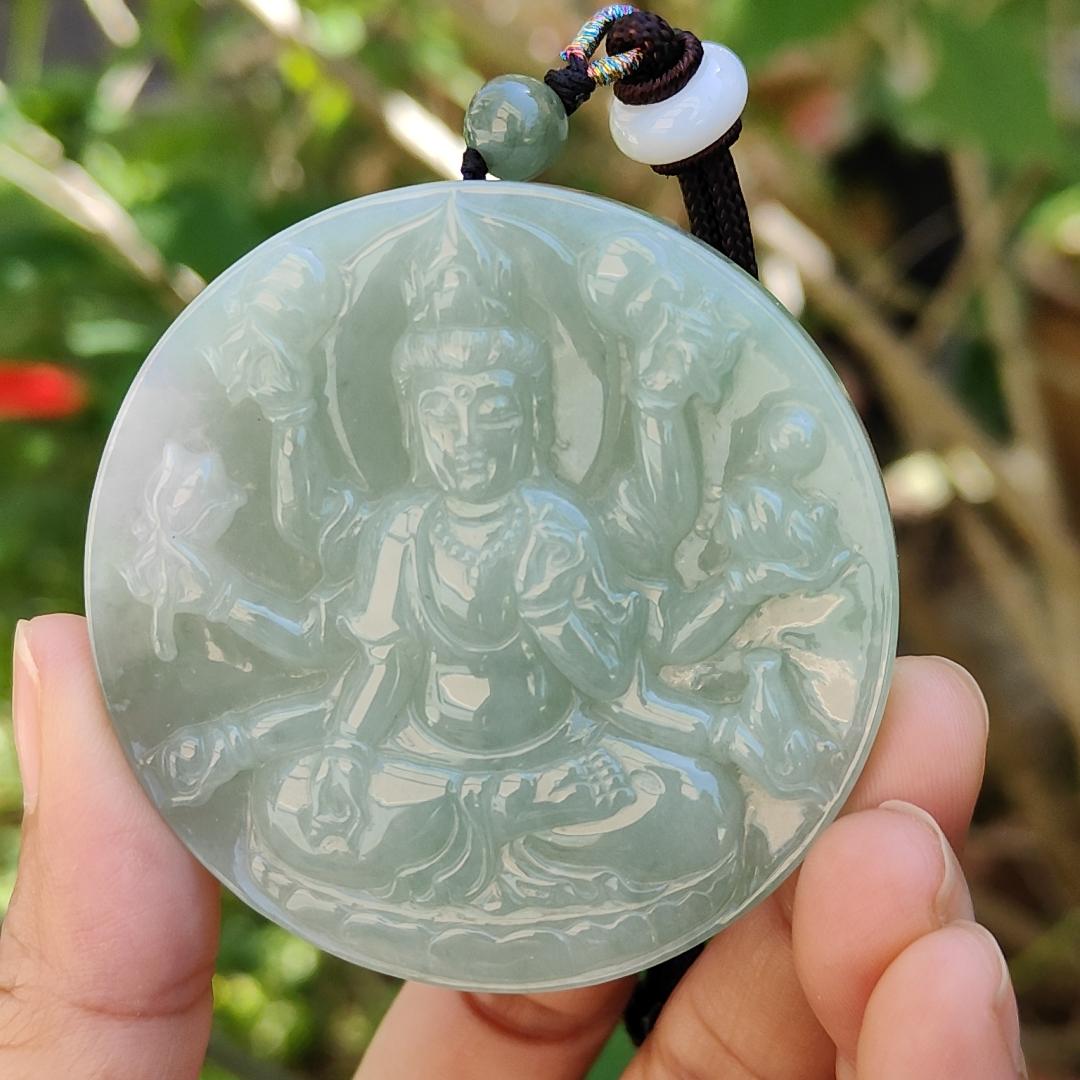 Light Green Natural Type A Jadeite Pendant Necklace crafted as Thousand Hands Guanyin with certificate weigh 48.82 grams, 57.6 * 57.6 * 7.2 mmsymbols of Eliminate obstacles and resolve all disasters, peace and auspiciousness for daily wear (pendant43)