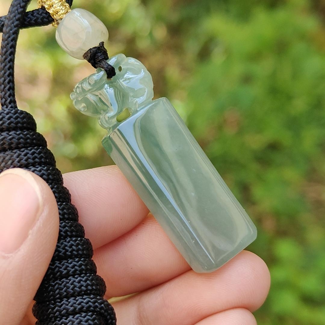 An Excellent Piece of Green Natural Type A Jadeite Pendant Necklace or Stamp crafted with Pixiu boosting Incoming Money and power with certificate weigh 13.16 grams, 41.2 * 13.6 * 8.7 mm , (pendant137)