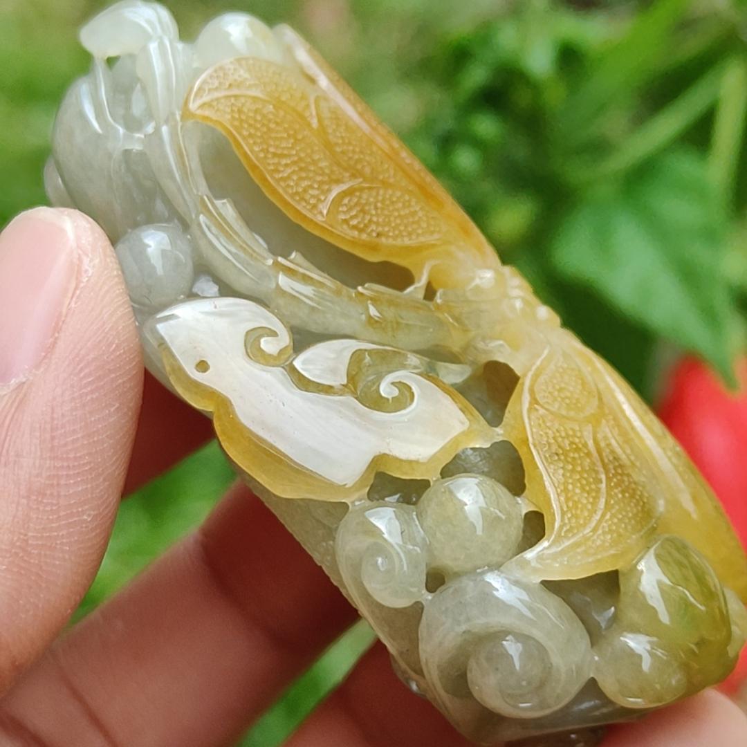 Super Rare High Quality Light Green and Yellow Natural Type A Jadeite Jade crafted with Dragonfly and Ruyi as Pendant, certificate weighs 60.60 grams, measurement 60 * 32.1 * 22.3 mm (pendant260)