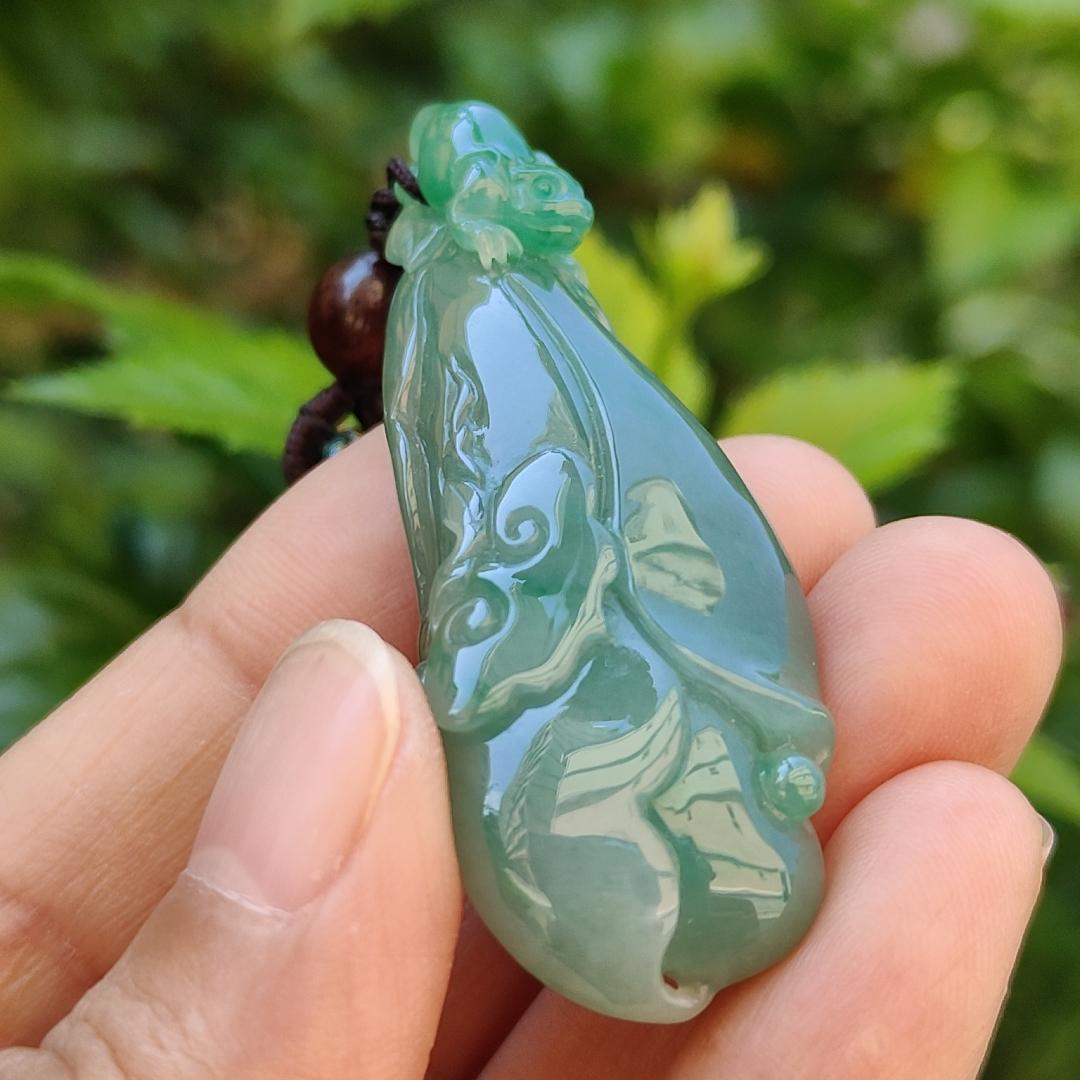 Very beautiful Full Green and Light Green Hue Natural Type A Jadeite Jade crafted with Three Legs Toad with coin and Ruyi with certificate weigh 16.97 grams, measurement 52.8 * 21.2 * 10.7 mm (pendant180)